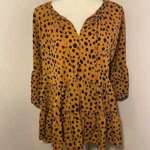 SHEIN NWOT SIZE XL DEEP MUSTARD BROWN & BLACK TIERED BLOUSE FLOWY SLEEVES